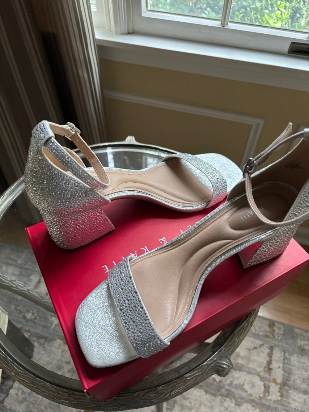 Silver sparkle stack heels